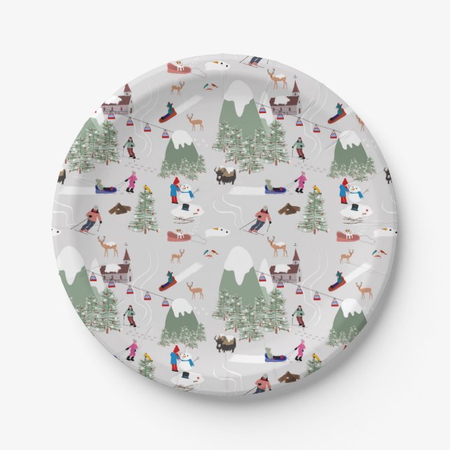 Winter Snow Skiing Mountain Ski Slopes Landscape Paper Plates (Front)