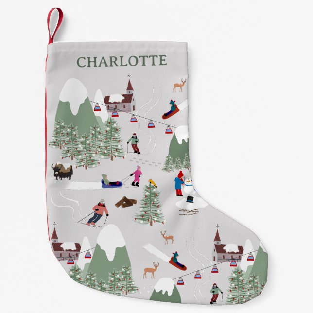 Winter Snow Skiing Mountain Ski Slopes Landscape Small Christmas Stocking (Front)