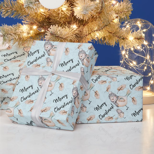 Winter Snow Sparrow In Blue Watercolor Wrapping Paper (Holidays)