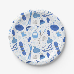 Winter Snow Sports Skiing Snowboarding Fun Pattern Paper Plates