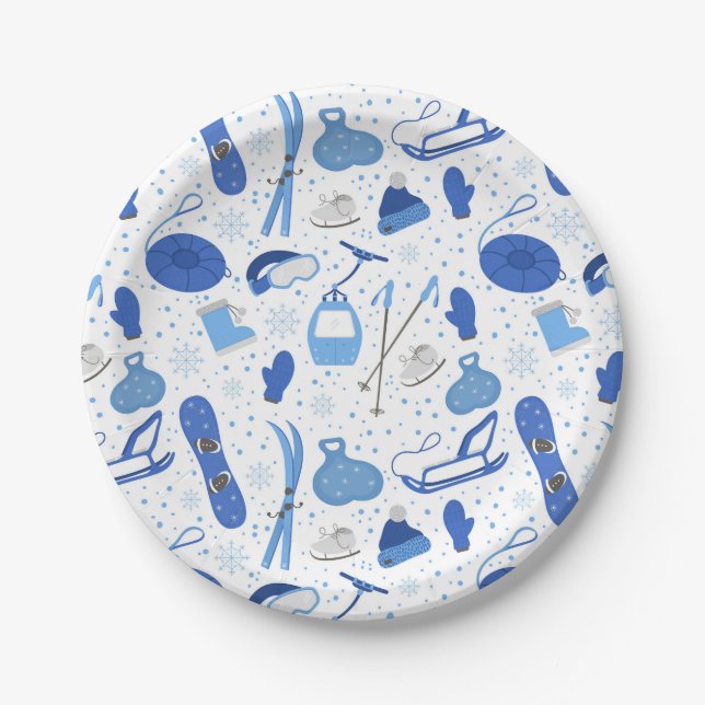Winter Snow Sports Skiing Snowboarding Fun Pattern Paper Plates (Front)