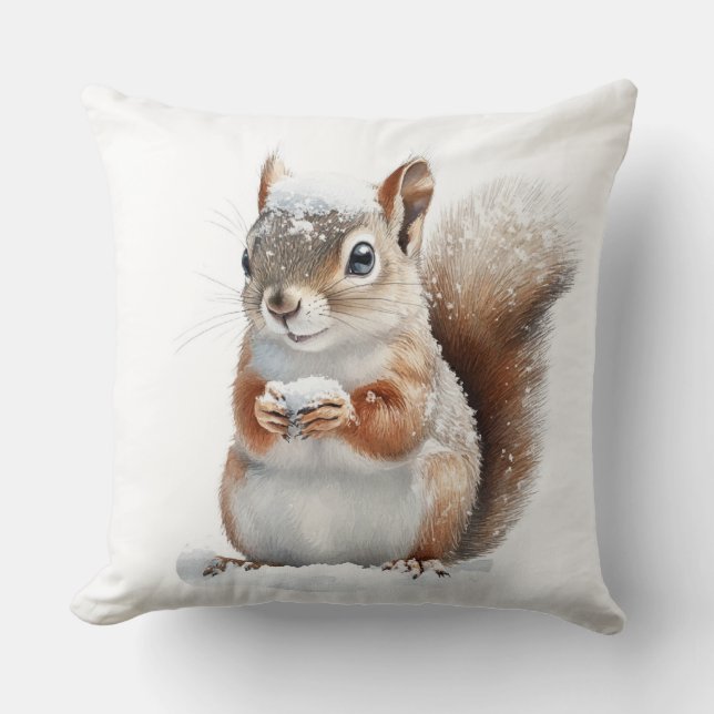 Winter Snow Squirrel Throw Pillow (Front)