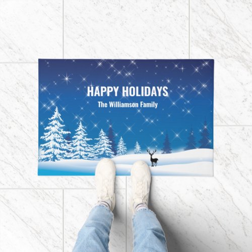 Winter snow stag silhouette blue white Christmas Doormat