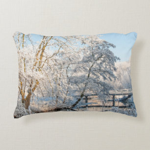 Winter Snow Trees River Creek Bridge Accent Pillow