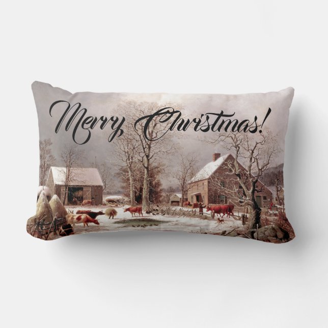 Winter Snow USA Horse Sleigh Farmer Lumbar Pillow (Front)