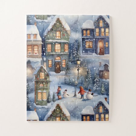 Winter Snow Village At Night Jigsaw Puzzle