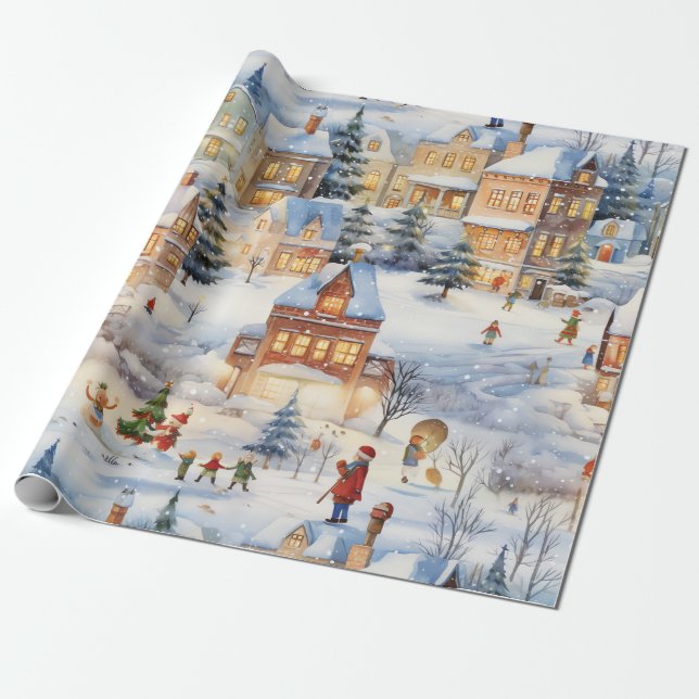 Winter Snow Village Fun Wrapping Paper (Unrolled)