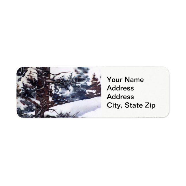 Winter snow with pine tree trunks cold landscape. label (Front)