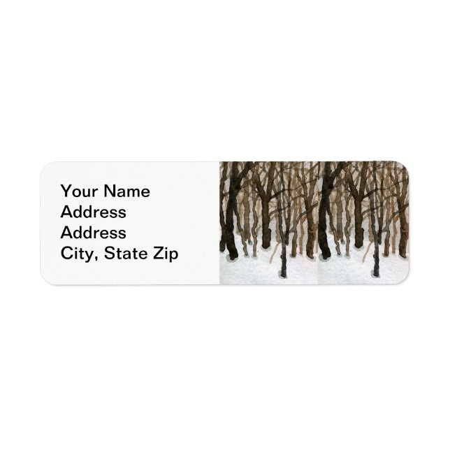 Winter snow with tree trunks cold landscape. label (Front)