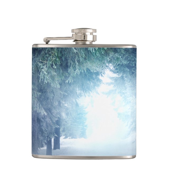 Winter Snow with Wolves in Evergreen Forest Flask (Front)