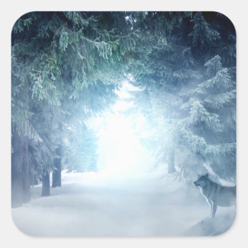 Winter Snow with Wolves in Evergreen Forest Square Sticker