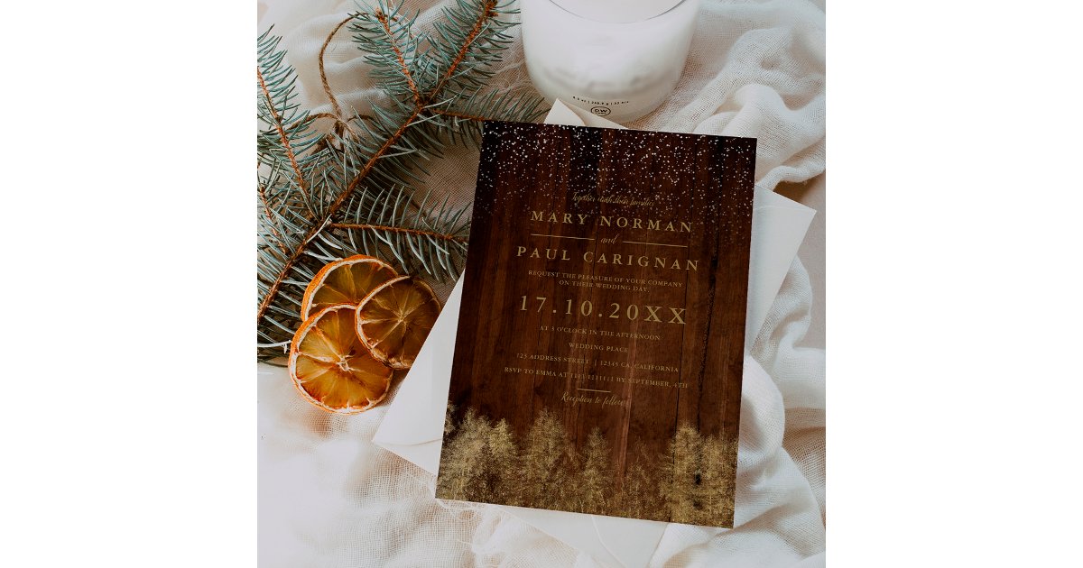 Winter snow wood pine trees forest wedding invitation | Zazzle
