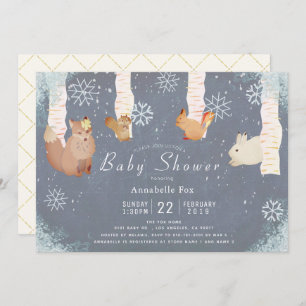 Winter Snow Woodland Animal Blue Baby Shower Invitation