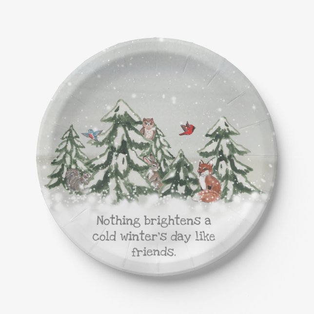 Winter Snow Woodland Animal Friends Fox Rabbit  Paper Plates (Front)