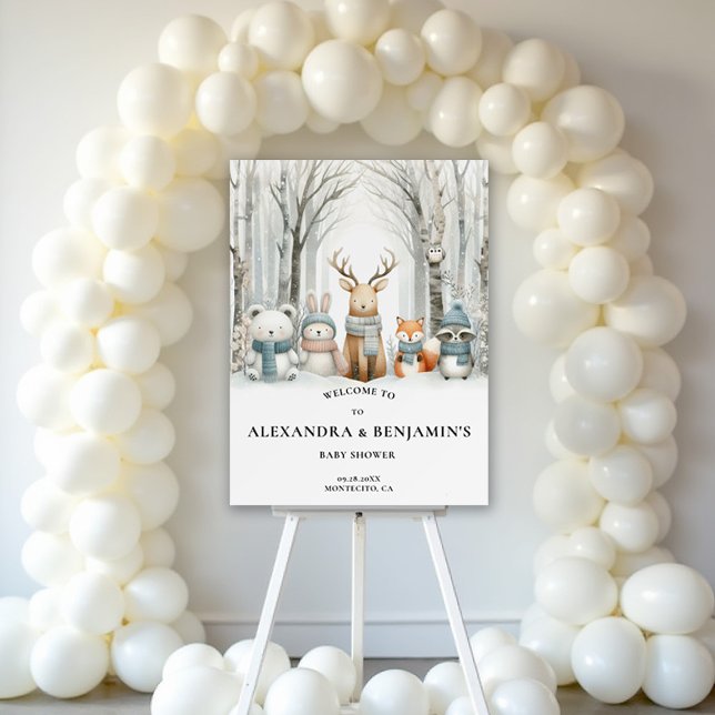 Winter Snow Woodland Cute Baby Shower Welcome Sign (winter baby shower welcome sign winter wonderland cute woodland animals snow snowing frozen)