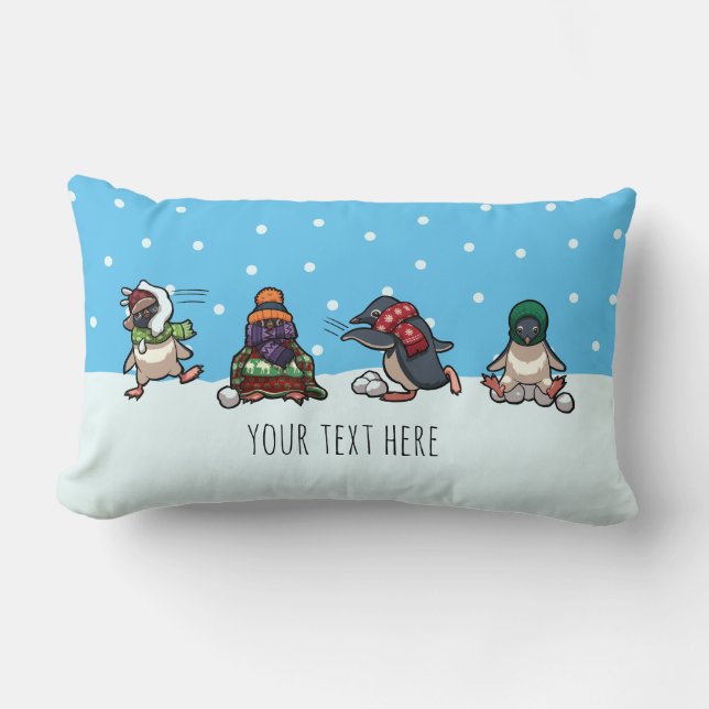 Winter Snowballing Penguins Christmas Cartoon Lumbar Pillow (Front)