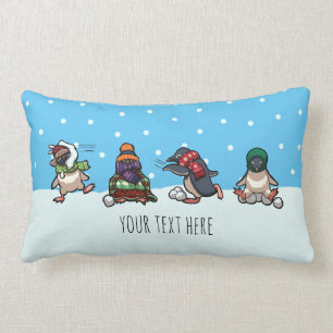 Winter Snowballing Penguins Christmas Cartoon Lumbar Pillow