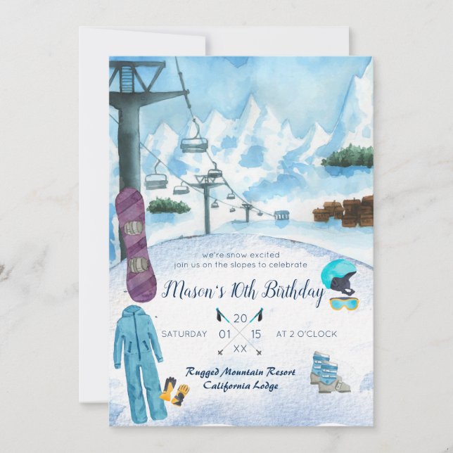 Winter Snowboarding Birthday Party Invitation (Front)