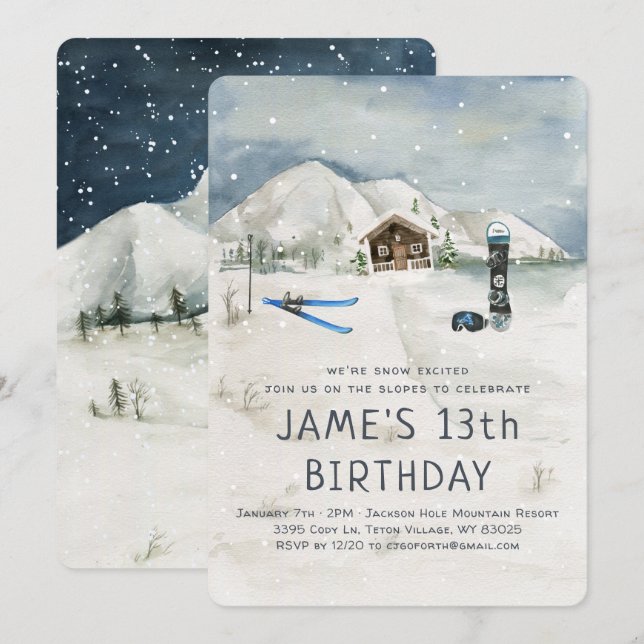 Winter Snowboarding Skiing Birthday Invitation (Front/Back)