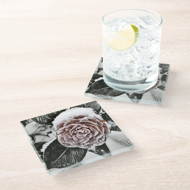 Winter, Snowed, Frozen Rose Drawing  Glass Coaster (Angled)