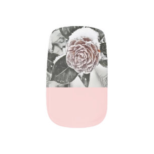 Winter snowed pink rose drawing  minx nail art