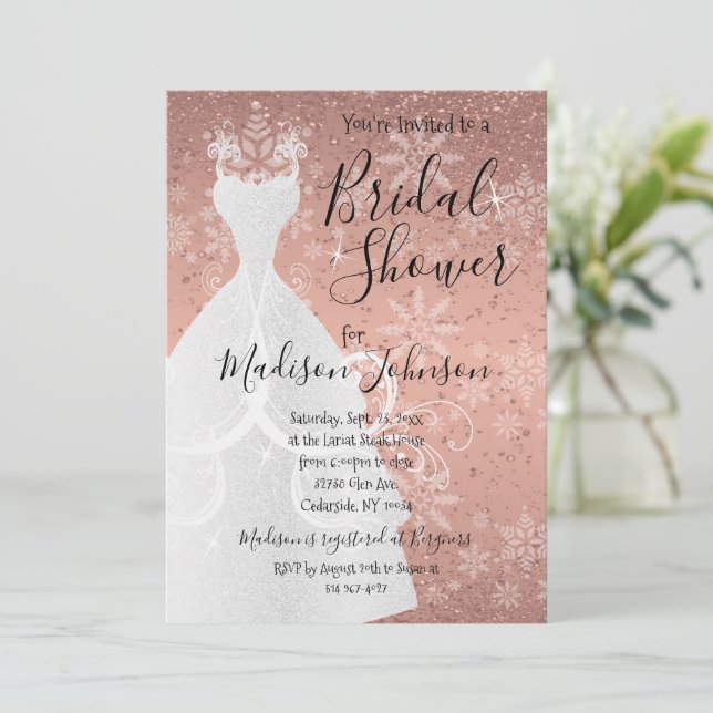  Winter Snowfall Bridal Shower  - Rose Gold Invitation (Standing Front)