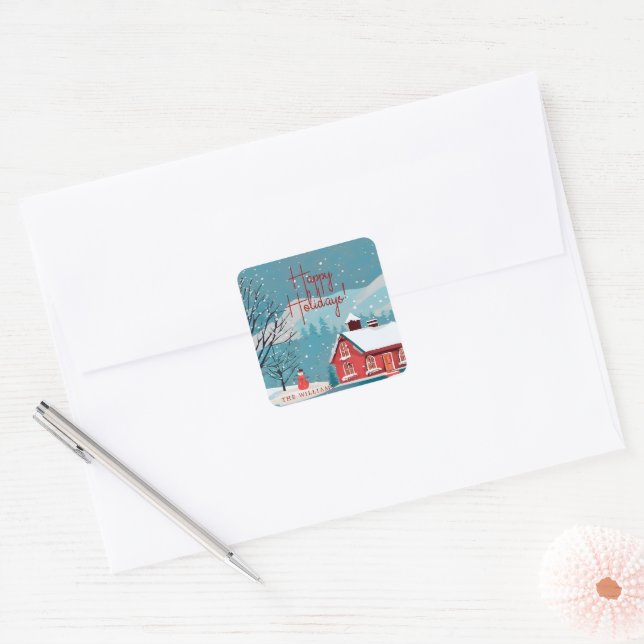 Winter Snowfall Happy Holidays Scenic Square Sticker (Envelope)