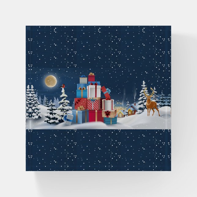 Winter Snowfall Paperweight (Illustration of a snowy Christmas scene with a stack of gifts.)