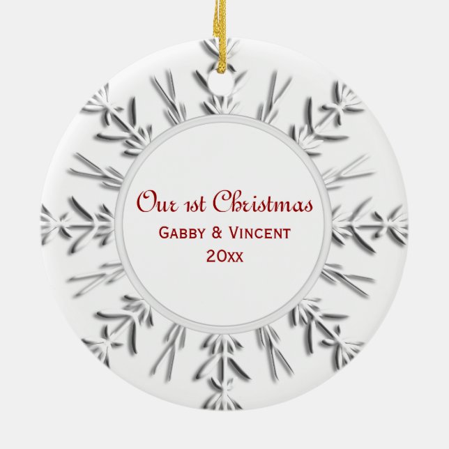 Winter Snowflake 1st Christmas Together Photo Ceramic Ornament (Back)