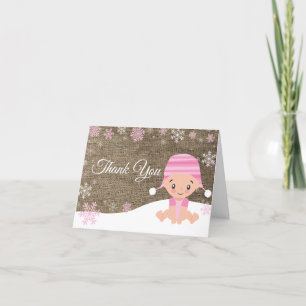Winter Snowflake Baby Girl Pink Burlap Thank You Card