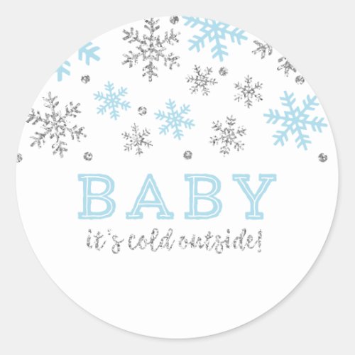 Winter Snowflake Baby Its Cold Outside Blue Classic Round Sticker