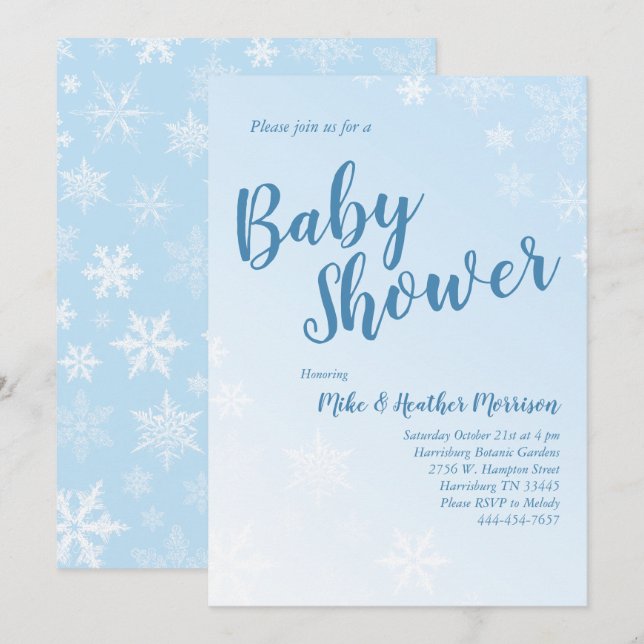 Winter Snowflake Baby Shower Blue Boy Invitation (Front/Back)