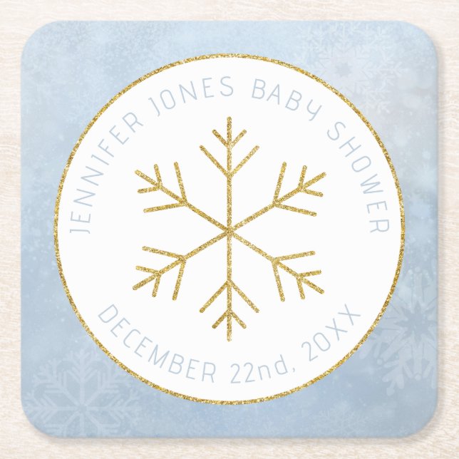 Winter Snowflake Baby Shower Coaster | Blue & Gold (Front)
