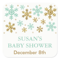 Winter Snowflake Baby Shower Favor Tag, Mint Gold Square Sticker