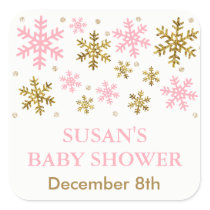 Winter Snowflake Baby Shower Favor Tag, Pink Gold Square Sticker