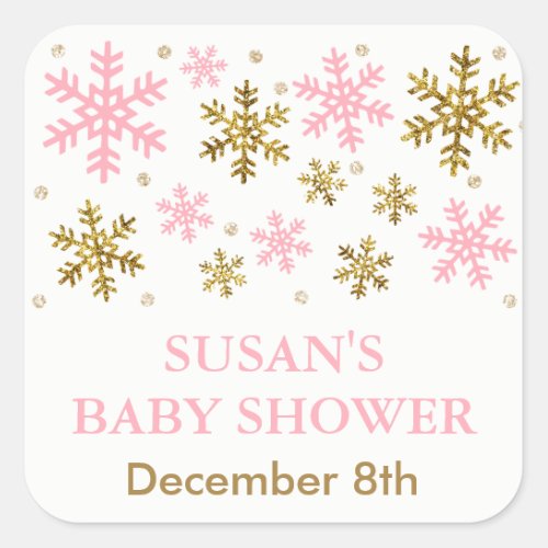 Winter Snowflake Baby Shower Favor Tag Pink Gold Square Sticker