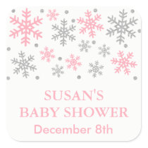Winter Snowflake Baby Shower Favor Tag, PinkSilver Square Sticker