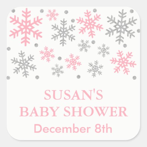 Winter Snowflake Baby Shower Favor Tag PinkSilver Square Sticker