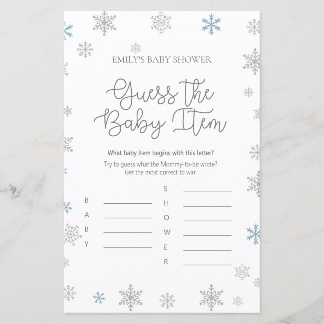 Winter Snowflake Baby Shower Game PRINTED (Front)