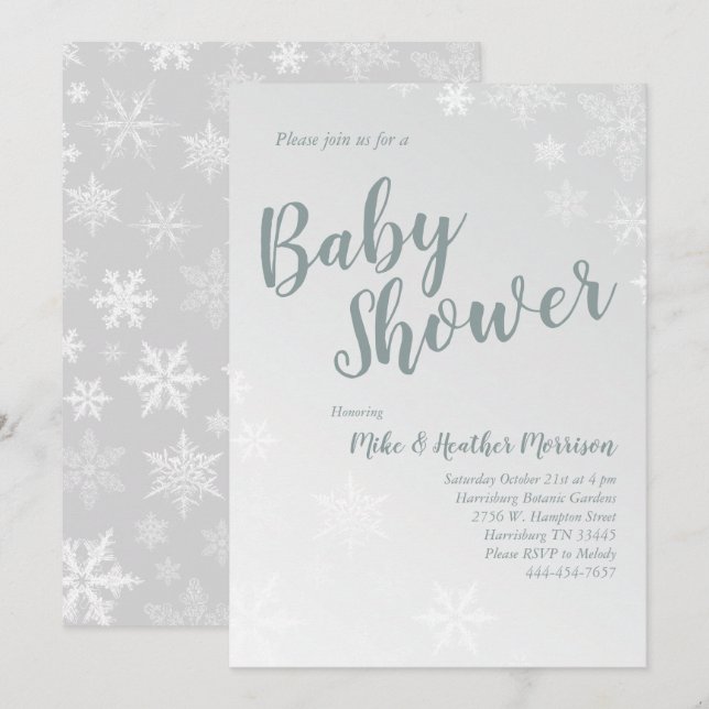 Winter Snowflake Baby Shower Gender Neutral Grey Invitation (Front/Back)