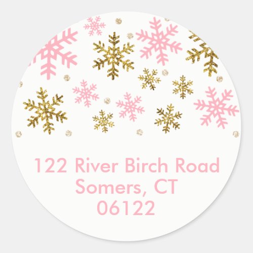 Winter Snowflake Baby Shower Pink Gold Address Classic Round Sticker