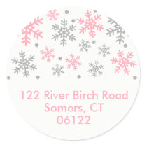 Winter Snowflake Baby Shower Pink Silver Address Classic Round Sticker