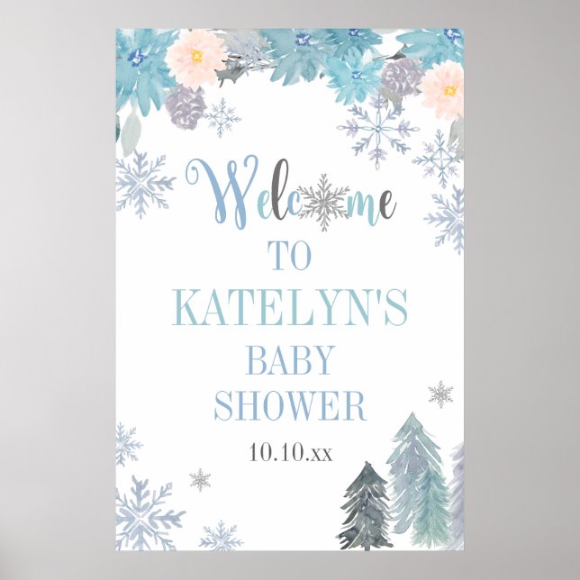 Winter Snowflake Baby Shower Welcome Sign Blue (Front)