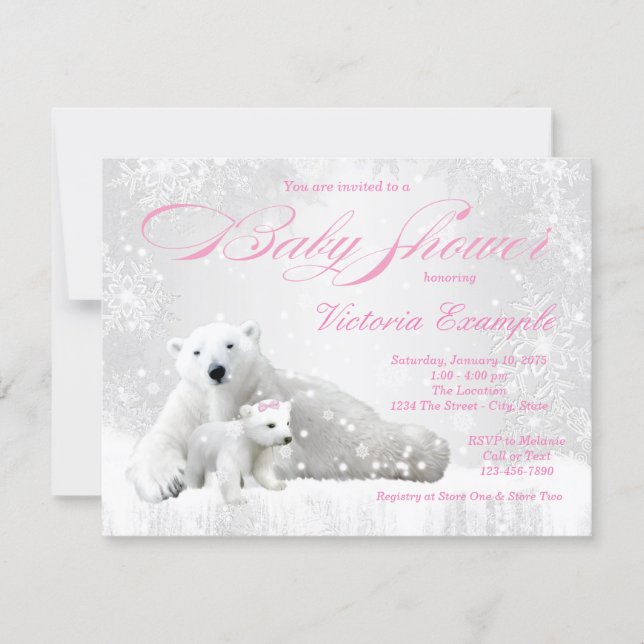 Winter Snowflake Bear Girl Baby Shower Invitations (Front)