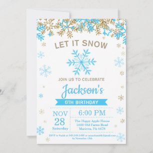 Winter Snowflake Blue and Gold Boy Birthday Invitation