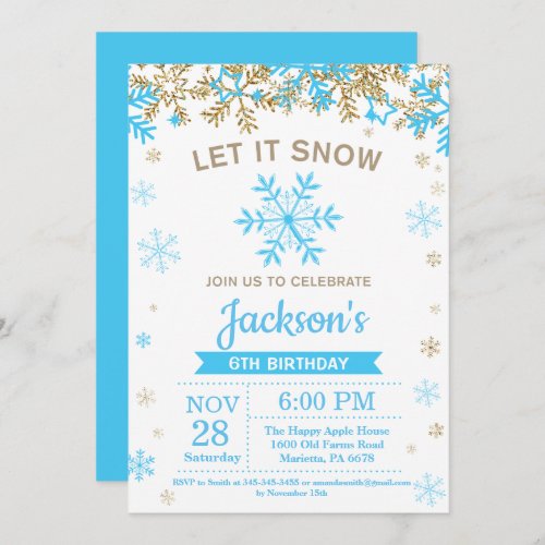 Winter Snowflake Blue and Gold Boy Birthday Invitation