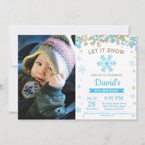 Winter Snowflake Blue and Gold Boy Birthday Photo Invitation