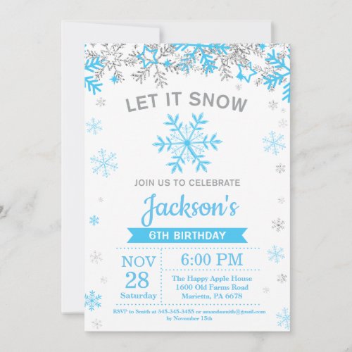 Winter Snowflake Blue and Silver Boy Birthday Invitation
