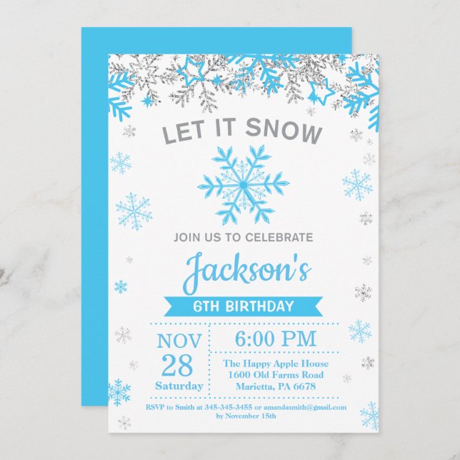 Winter Snowflake Blue and Silver Boy Birthday Invitation (Front/Back)
