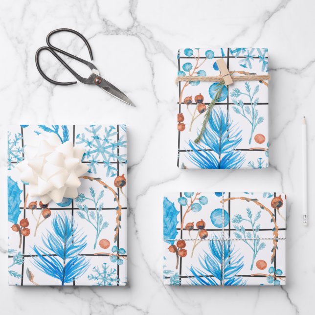 Winter snowflake blue berry feather ice country wrapping paper sheets (Front)